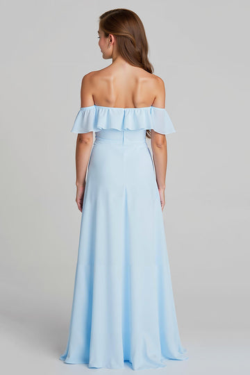 Sky Blue Off the Shoulder Chiffon A-Line  Long Junior Bridesmaid Dress